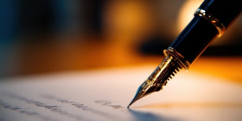 Fototapeta premium Pen Handwriting Branding concept. Close-up of fountain pen writing on paper with blurred warm background