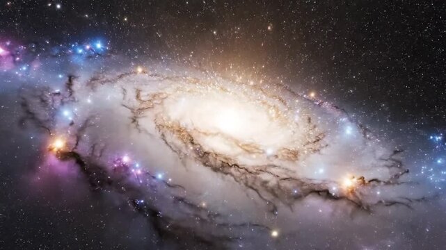 A vibrant galaxy with stars and nebulae swirls through the cosmos in space.