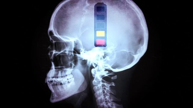 A battery in the head symbolizes a decrease in energy output