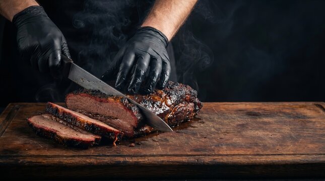 Chef in black gloves slicing smoked beef brisket on rustic cutting board