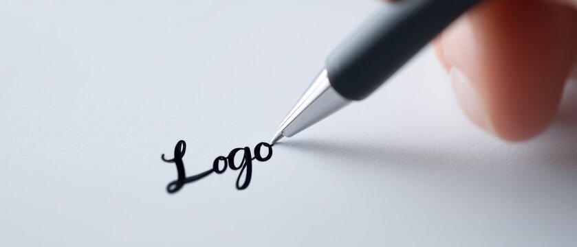 Pen Handwriting Branding concept. Close-up of hand writing the word "Logo" with a pen on paper