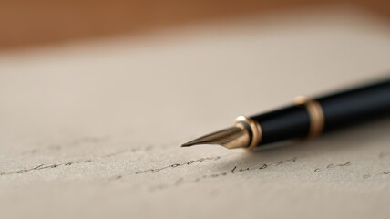 Fototapeta premium Pen Handwriting Branding concept. Close-up of a fountain pen writing on textured paper surface