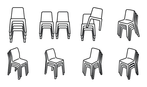 Group of stacked plastic chairs in various arrangements for space saving and storage solutions.