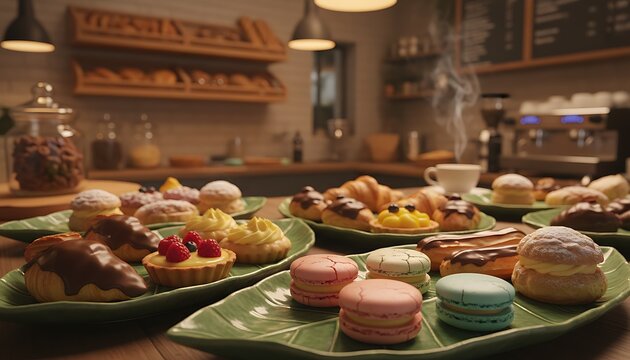 Delicious Assortment of Pastries and Macarons on Green Plates in Cozy Caf&Atilde;&copy;