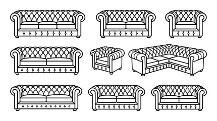 Fototapeta premium Nine chesterfield sofas and chairs in outline icon set with transparent background for luxury interiors.