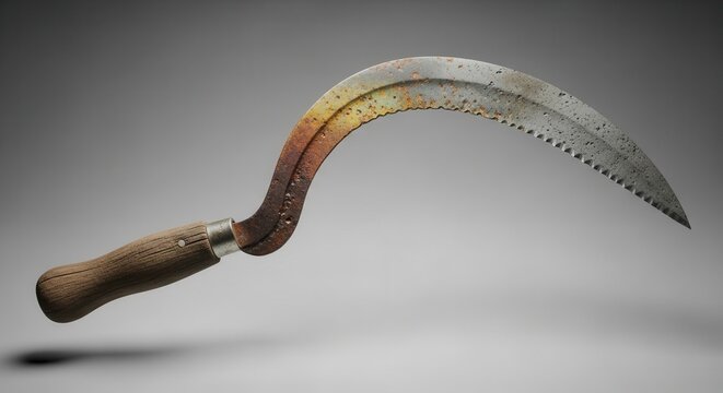 An aged, serrated sickle with a textured rusty blade and rustic wooden handle, ready for display