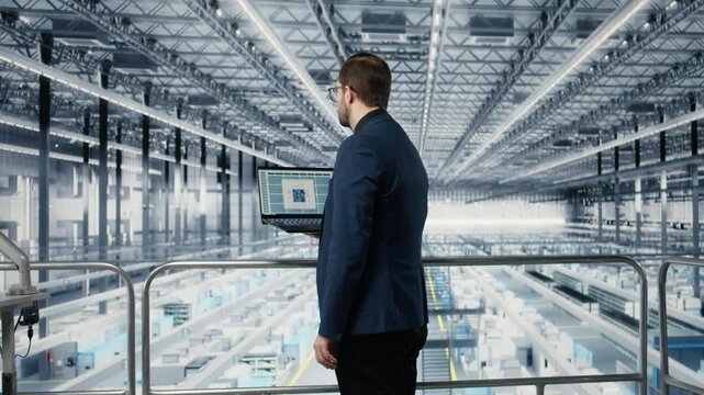 Man and coworker in microchip industrial plant trialing silicon wafer materials. Managers optimizing photolithography process, reviewing semiconductor substrate design specifications, camera A
