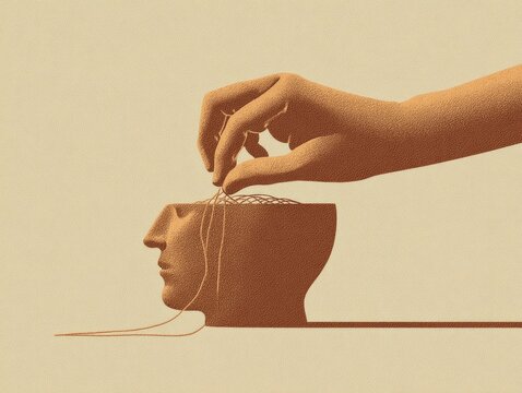 Conceptual Illustration of a Hand Manipulating Thoughts Inside a Human Head Silhouette.