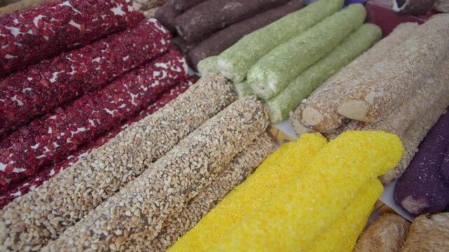 Colorful turkish delight displayed at market in istanbul