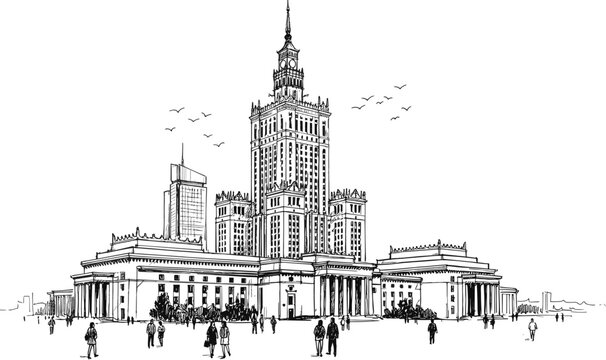 Palace of Culture and Science Warsaw Poland landmark architecture hand drawn black and white vector illustration isolated on white background.