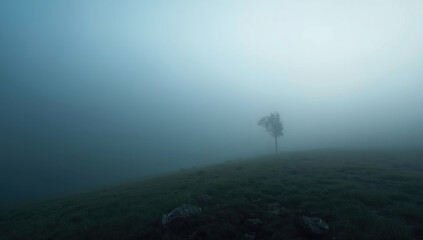 Naklejka premium Misty lone tree on foggy hillside with muted blue light and moody atmosphere