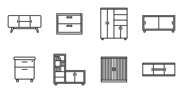 Set of storage cabinets, wardrobes and drawers for home organization and furniture solutions.