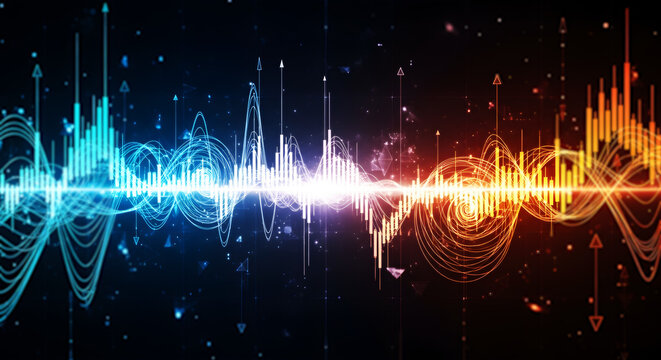 鮮やかなネオンのオーディオ波形とデジタル粒子 音楽とAIテクノロジーの融合 抽象的な背景素材