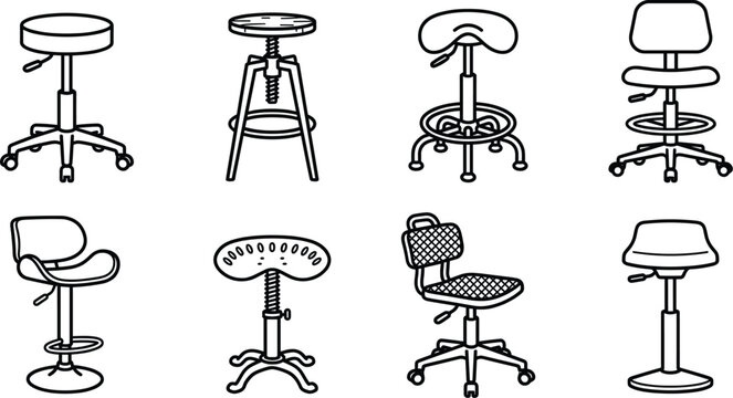 Variety of adjustable office stools and drafting chairs in outline, practical seating solutions.