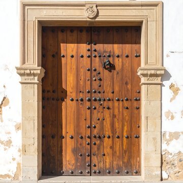 A wooden door with metal studs and a decorative frame on a white wall