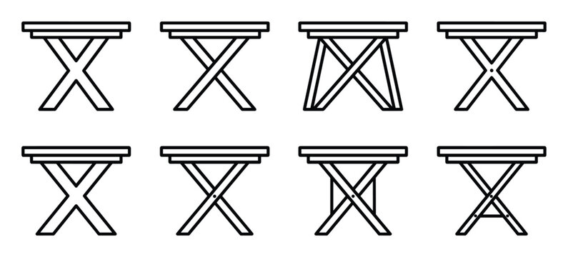 Various folding and portable tables X-shaped legs furniture outline icons transparent background vector.
