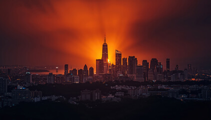 Naklejka premium City skyline sunset with dramatic orange backlight and glowing tower