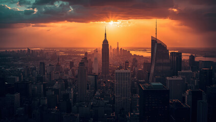 Fototapeta premium Sunset city skyline with dramatic golden light and cinematic clouds