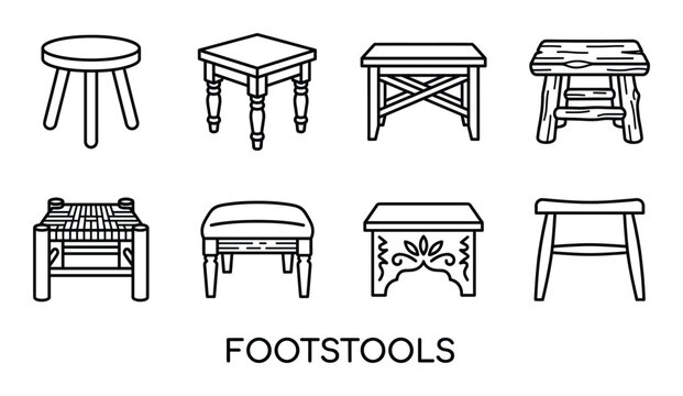 Various footstools and ottomans in outline style, diverse designs for home decor and accent furniture.