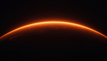 Obraz premium Glowing orange planetary horizon sunrise rim lighting casts dramatic warm glow over dark space