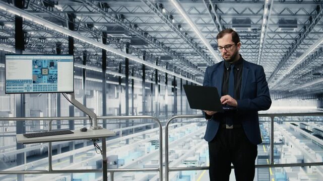 Reviewing factory analytics, microchips and portrait of happy man using laptop. Monitoring automated infrastructure, semiconductor production and smiling manager in industry 4.0 plant, camera A