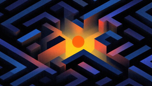 Abstract Maze with Glowing Center Symbolizing Goal or Solution.