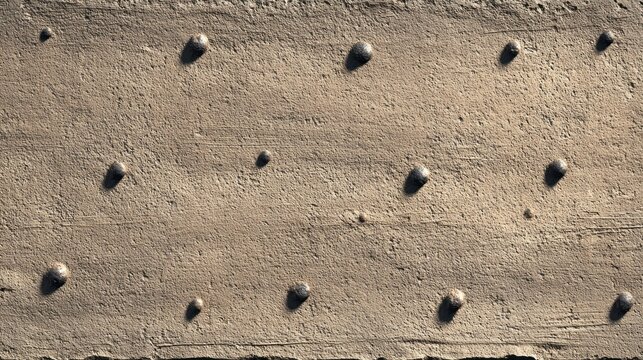 Close up of a weathered surface with evenly spaced metallic studs