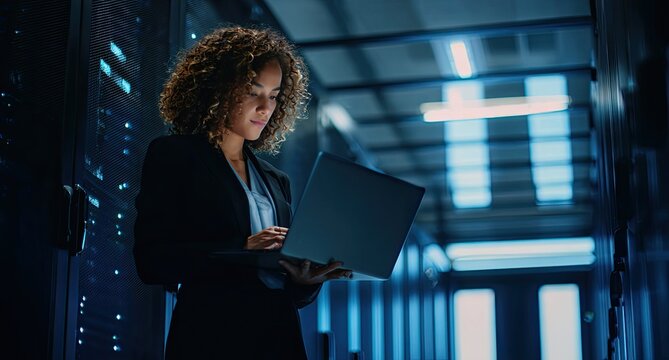 Woman Working on Laptop in Modern Data Center Server Room.