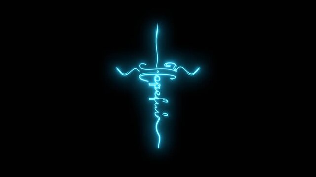 Hopeful word in the shape of a cross. Christian, religious and church typography concept. Decorated Christian cross. Religion concept. Holy cross pictogram. Neon glowing.
