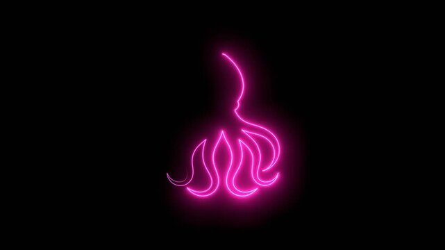 Octopus with tentacles. Sea and ocean animal. Cute giant kraken monster, cartoon creepy underwater cuttlefish. Thin lines style emblem for the menu of the seafood restaurant. Neon glowing.