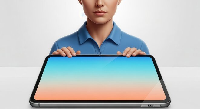 Stylized figure showcasing a sleek digital tablet with a customizable display mockup