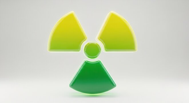 Luminous green and yellow 3D radioactive symbol indicating scientific energy and potential hazards