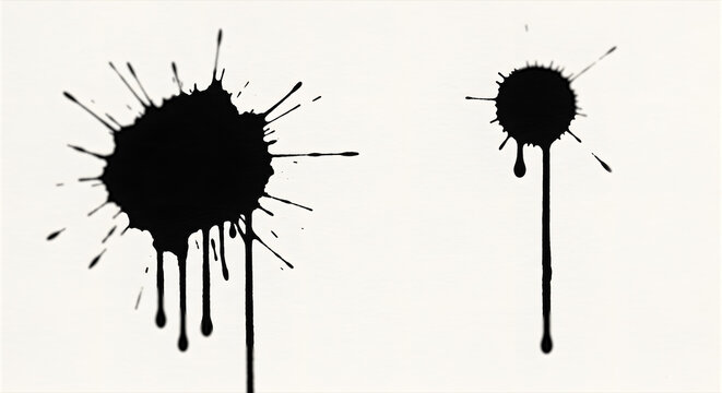 白背景に映える黒いインクの飛沫と液だれ クリエイティブな抽象テクスチャ素材