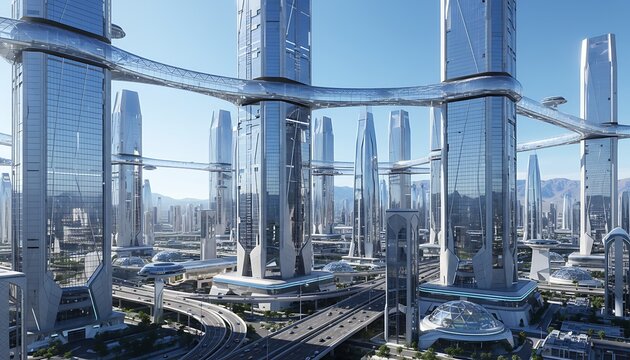 Futuristic Glass Skyscrapers and Skybridges in a Modern City