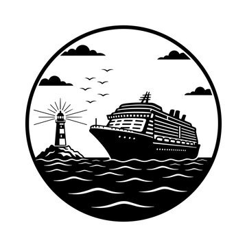 Cruise Ship and Lighthouse Silhouette Ocean Scene Maritime Travel Vector Illustration