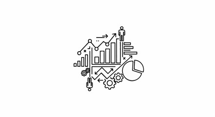 Naklejka premium Abstract graphic of business growth with charts, gears, and stick figures