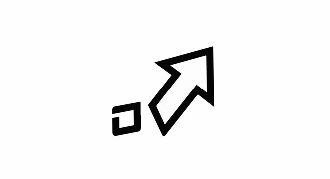 Abstract graphic of a thick, black, angular arrow pointing diagonally upwards, right
