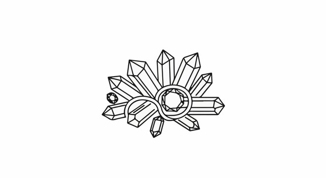 Abstract sunburst design with faceted crystals and a circular gemstone emblem
