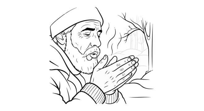 An elderly man with a beard and hat warms his hands near his face on a cold day