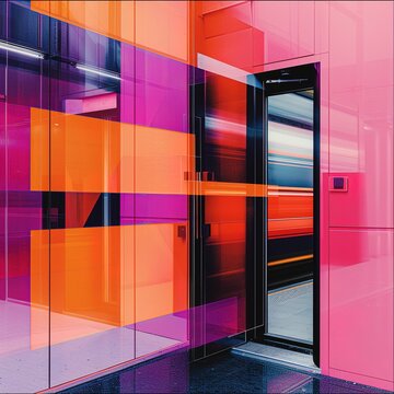 A vibrant and modern elevator interior with colorful glass walls and open doors