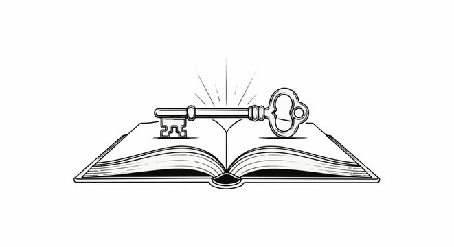 An open book with a radiating key resting upon it