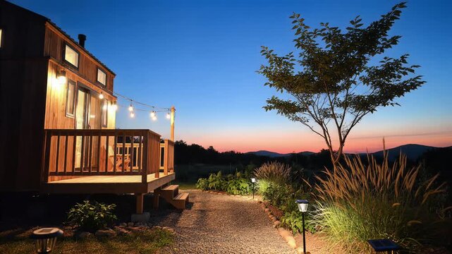 Eco-Friendly Tiny House with Wooden Deck and Warm String Lights at Sunset, Modern Sustainable Off-Grid Living with Solar Powered Garden Path Lighting.