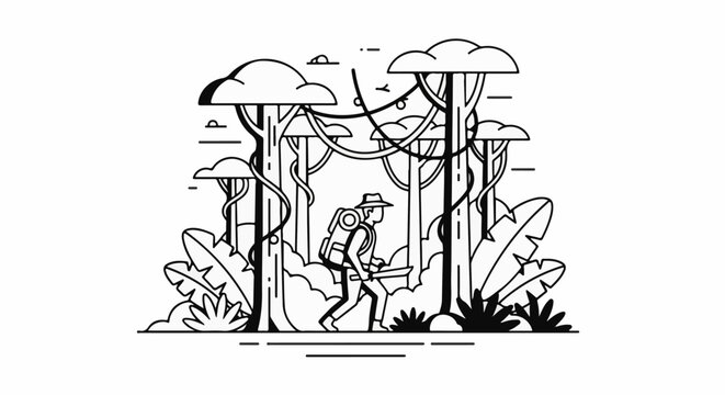 Adventurer trekking through a dense, stylized jungle with backpack and machete