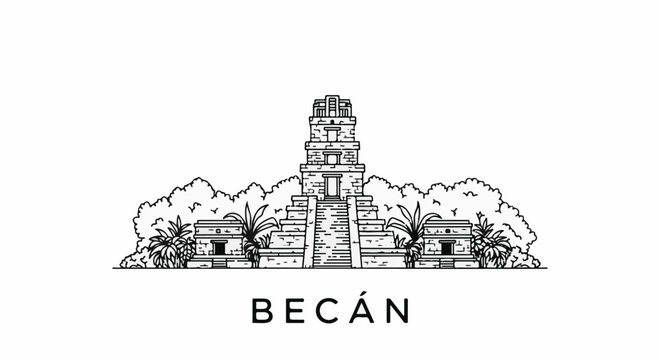 Ancient stone pyramid structure with trees and plants, text below