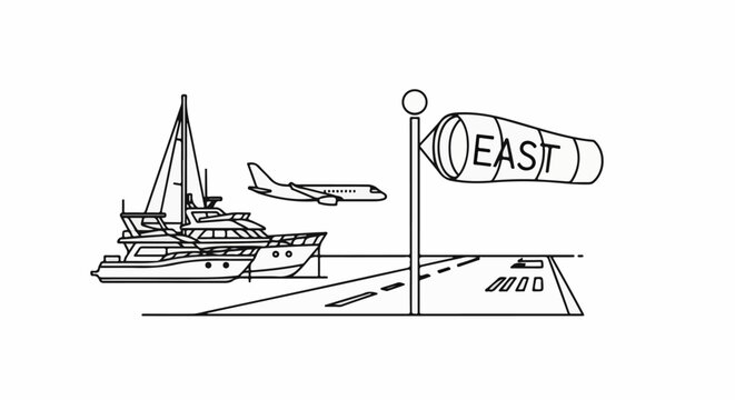 Airplane flies over a boat and windsock indicating east on a runway