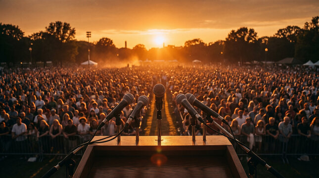 Vibrant midterm campaign rally at sunset with large crowd gathered in front of podium and microphones, warm orange sky creating dramatic atmosphere