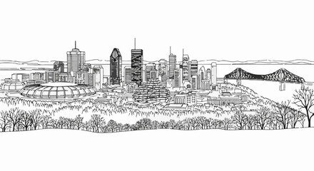 Obraz premium Artistic sketch of a city skyline with a large stadium and a bridge over water