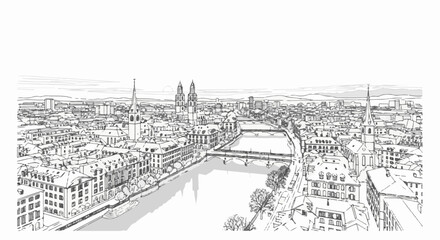Fototapeta premium An aerial sketch of a bustling European city with historic architecture and a river