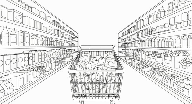 Aisles of a grocery store filled with products and a full shopping cart