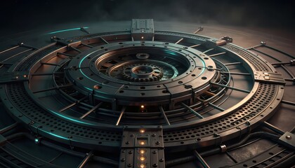 Naklejka premium A futuristic metallic disc device with glowing blue lines and orange lights sits on a dark industrial surface in a dimly lit room with Technology and Science elements.